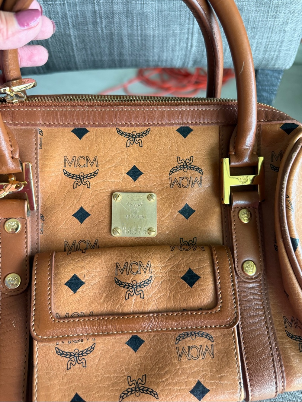 MCM Cognac Visetos Logo Satchel with Gold Hardware - Picture 8 of 12